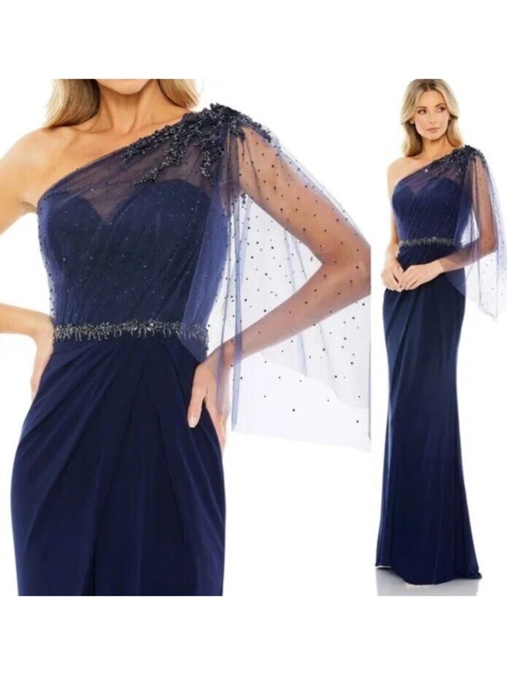 Mac Duggal Navy Blue Embellished One-Shoulder Draped Gown Size 10